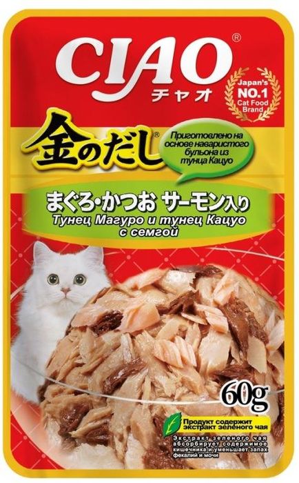 INABA CIAO Inaba Kinnodashi влажный корм для кошек, тунец магуро и тунец кацуо с семгой (60 г)
INABA CIAO Inaba Kinnodashi влажный корм для кошек, тунец магуро и тунец кацуо с семгой (60 г)
