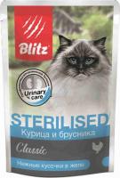Blitz Cat Sterilised Classic консервы для стерилизованных кошек и кастрированных котов, курица с брусникой, желе