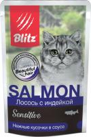 Blitz Sensitive влажный корм для кошек, лосось с индейкой, кусочки в соусе