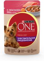 Влажный корм Purina ONE® Мини Чувствительное пищеварение для взрослых собак мелких пород с чувствительным пищеварением, с лососем, рисом и морковью в подливе