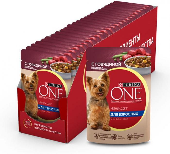 Влажный корм Purina ONE® Мини Взрослая для собак мелких пород старше 1 года, с говядиной, картофелем и горохом в подливе
