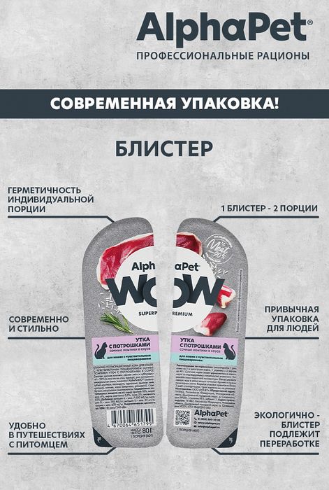 AlphaPet WOW Superpremium влажный корм для кошек, с чувствительным пищеварением, сочные ломтики утки с потрошками в соусе