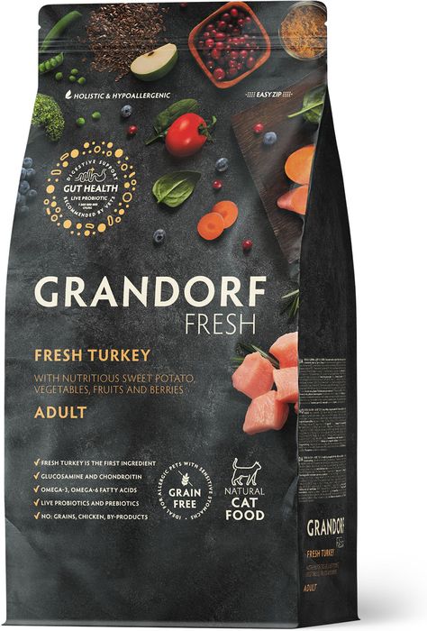 Grandorf Fresh корм для кошек, беззерновой, с живыми пробиотиками, свежее мясо индейки с бататом