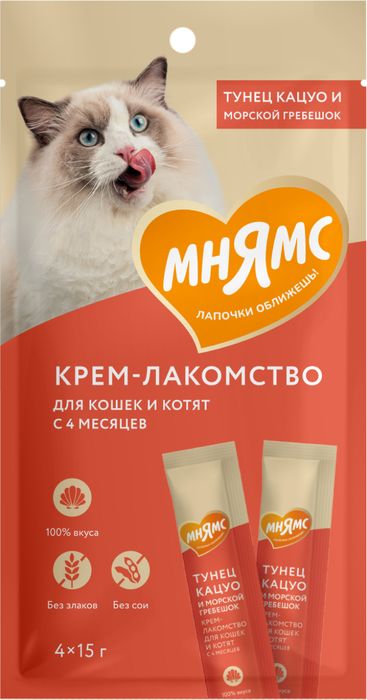 Мнямс крем-лакомство для кошек, с тунцом кацуо и морским гребешком