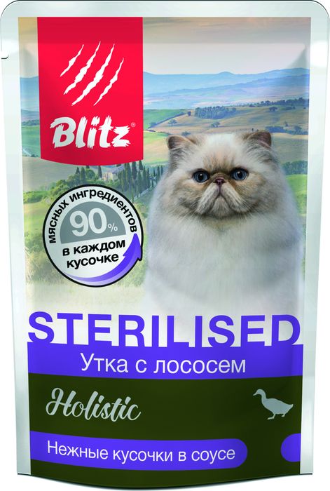 Blitz Holistic влажный корм для стерилизованных кошек, утка с лососем, кусочки в соусе