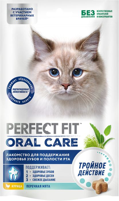 Perfect Fit Oral Care лакомство для кошек, для поддержания здоровья зубов и полости рта, с курицей и добавлением мяты