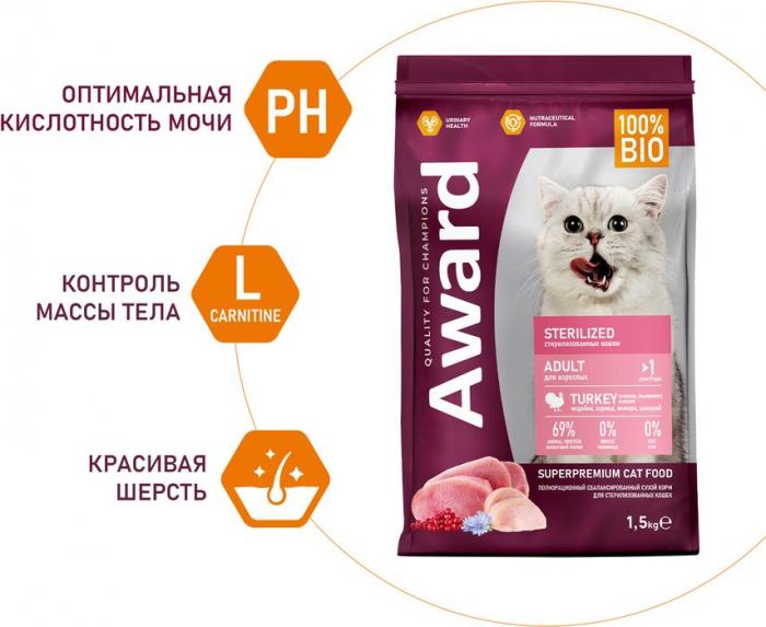 Award корм для стерилизованных кошек, с индейкой и курицей, с добавлением клюквы и цикория