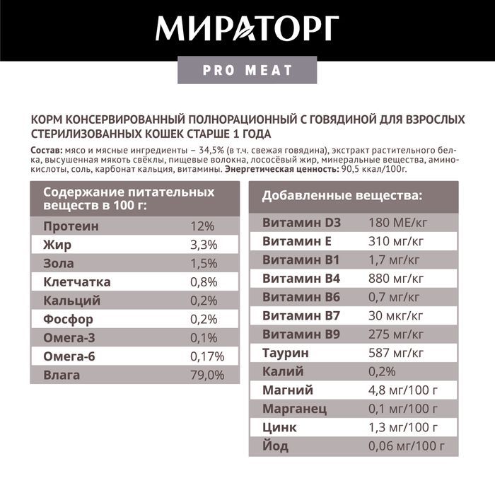Мираторг Pro Meat влажный корм для стерилизованных кошек, с говядиной