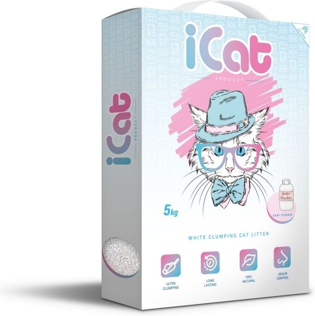 iCat комкующийся белый наполнитель для кошачьих туалетов, с ароматом детской присыпки
