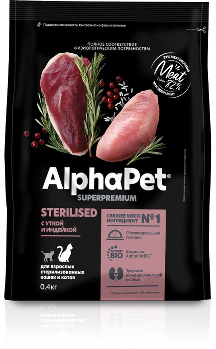 AlphaPet корм для стерилизованных кошек, с уткой и индейкой