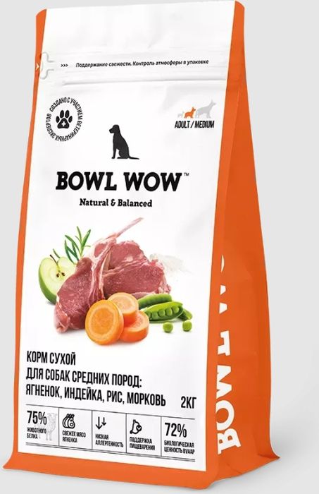 Bowl Wow корм для собак средних пород, с ягненком, индейкой, рисом и добавлением моркови