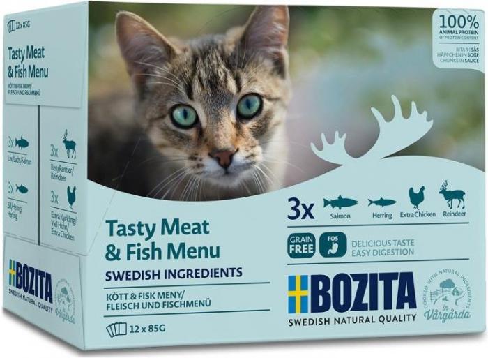 Bozita влажный корм для взрослых кошек, мультибокс, кусочки в соусе, мясной и рыбный микс