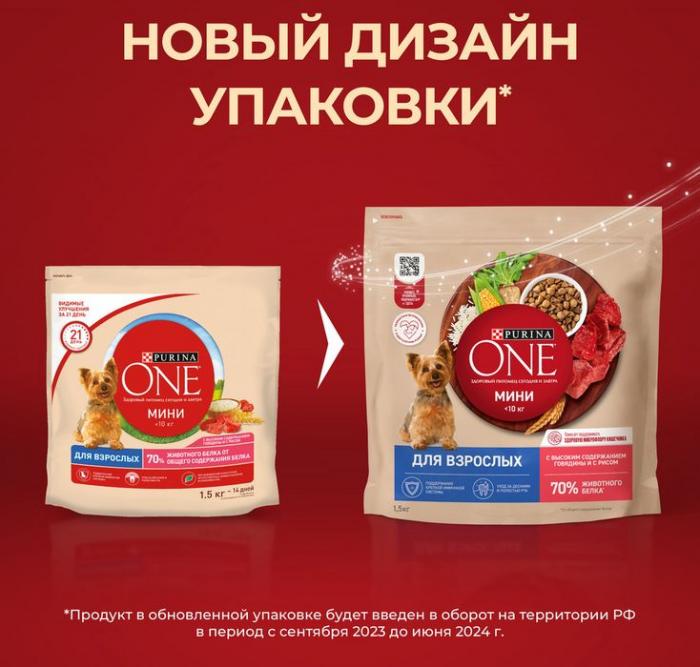 Сухой корм Purina ONE® для взрослых собак мелких и карликовых пород, с высоким содержанием говядины и с рисом