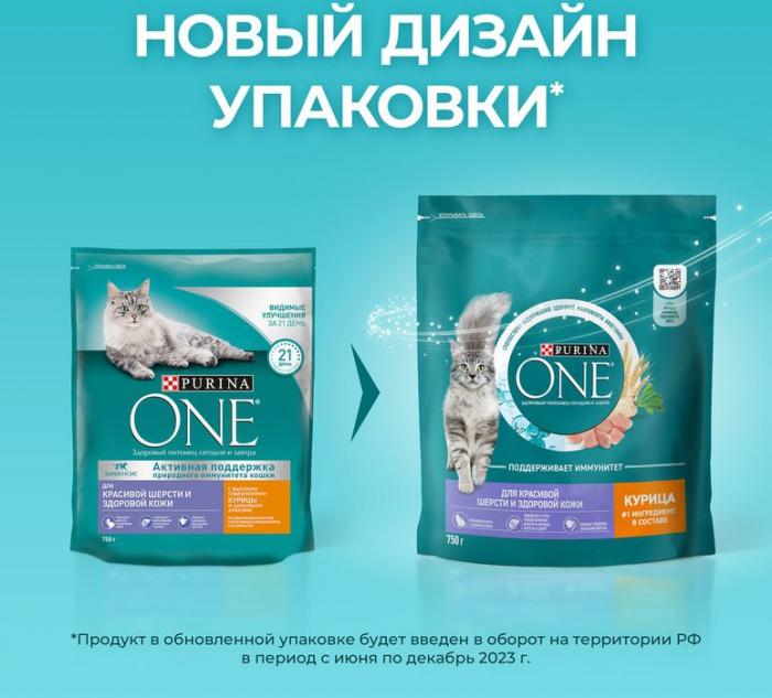Сухой корм Purina ONE® полнорационный для взрослых кошек для красивой шерсти, здоровой кожи и контроля образования волосяных комков, с высоким содержанием курицы