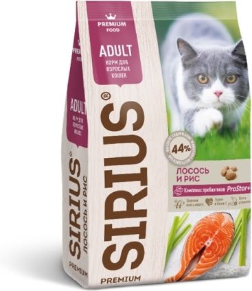 Sirius корм для взрослых кошек всех пород, лосось и рис