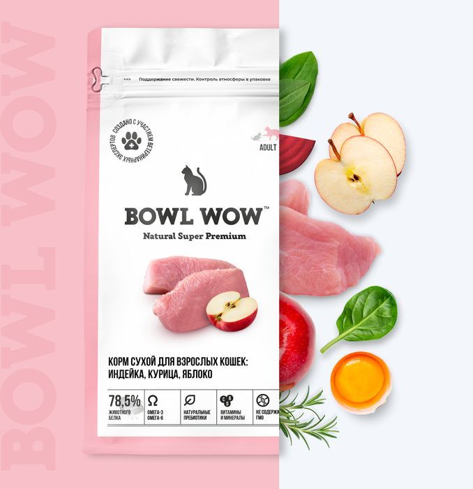 Bowl Wow корм для кошек, с индейкой, курицей и добавлением яблока