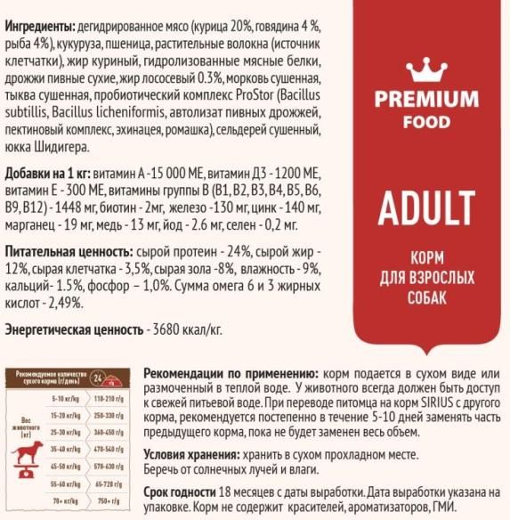 Sirius корм для взрослых собак всех пород, мясной рацион