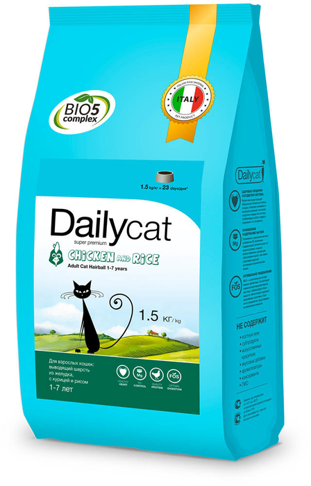 Dailycat сухой корм для взрослых кошек всех пород, вывод комочков шерсти, курица и рис
