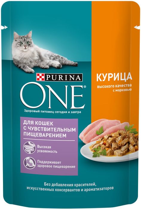 Влажный корм Purina ONE® для кошек с чувствительным пищеварением, с курицей и морковью