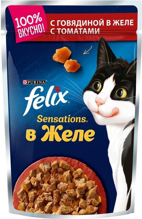 Felix Sensations влажный корм для взрослых кошек всех пород, говядина и томат