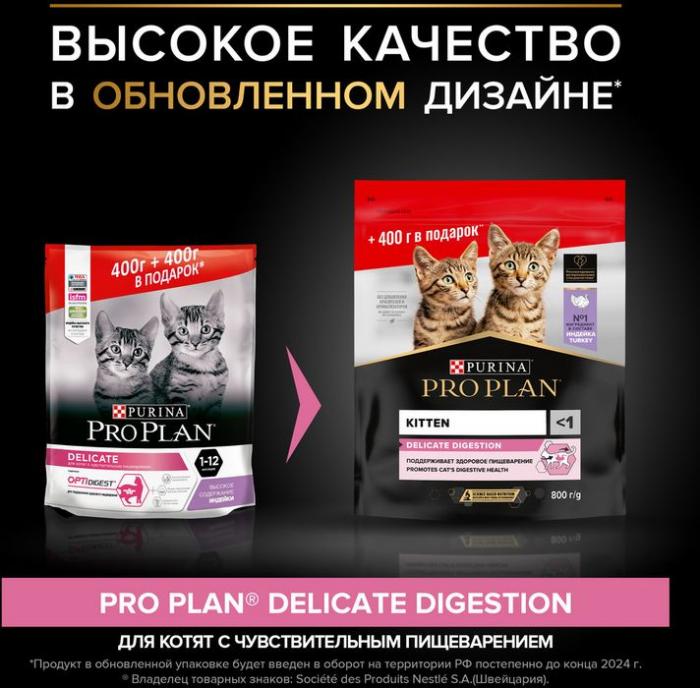 Сухой корм Pro Plan® Kitten Delicate Digestion для котят с чувствительным пищеварением, с высоким содержанием индейки