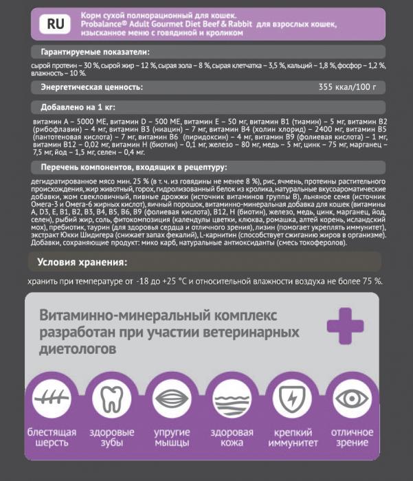 ProBalance сухой корм для привередливых взрослых кошек всех пород, говядина и кролик