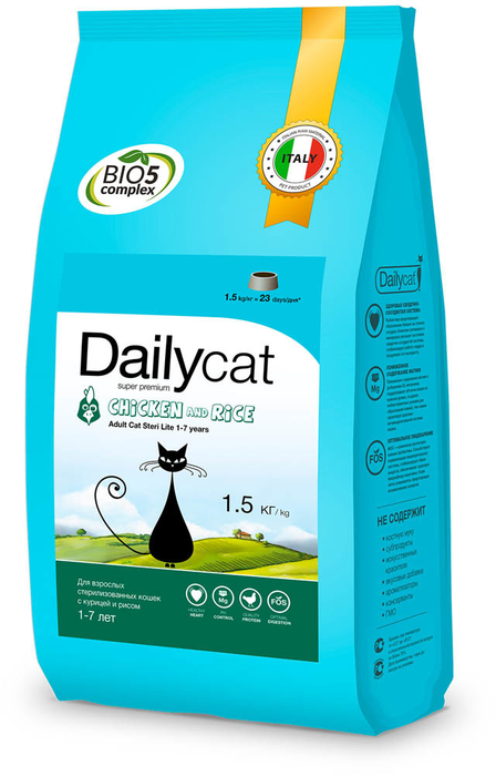 Dailycat сухой корм для взрослых стерилизованных кошек всех пород, с курицей и рисом
