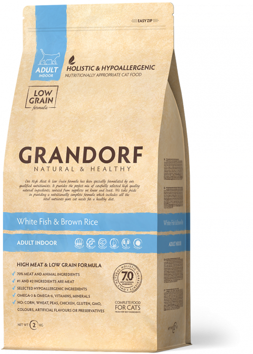 Grandorf Indoor сухой корм для взрослых кошек, белая рыба с бурым рисом