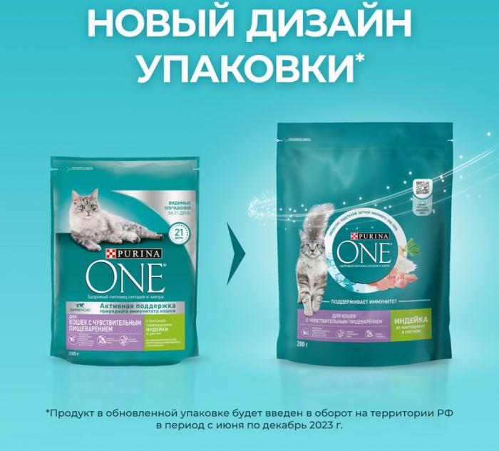 Сухой корм Purina ONE® полнорационный для взрослых кошек с чувствительным пищеварением и разборчивым вкусом в еде, с высоким содержанием индейки