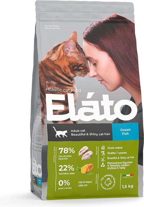 Elato Holistic корм для взрослых кошек, для красивой и блестящей шерсти, с рыбой