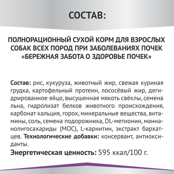 Мираторг Expert Renal корм для взрослых собак всех пород, при заболеваниях почек, курица