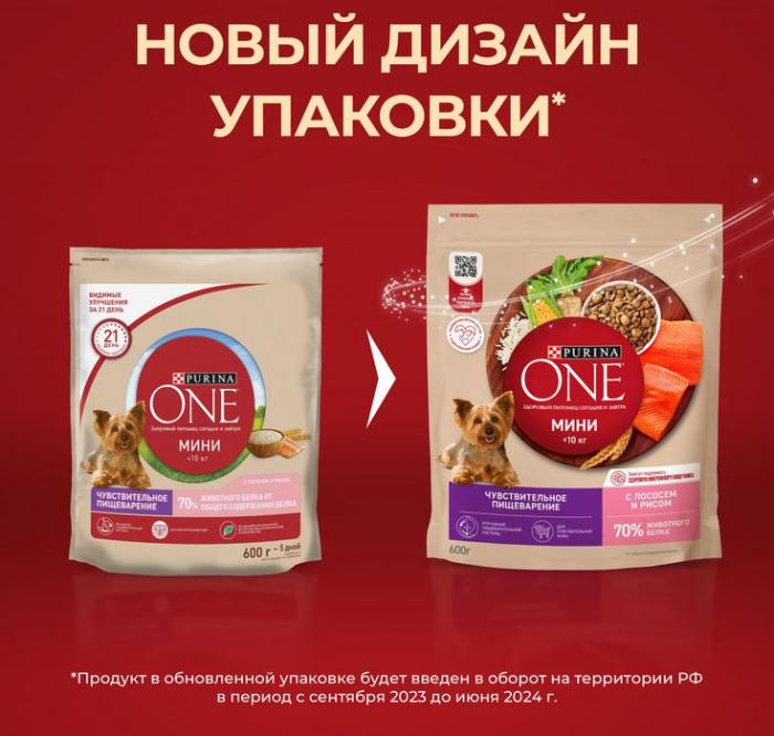 Сухой корм Purina ONE® Мини Чувствительная для взрослых собак мелких пород с чувствительным пищеварением, с лососем и рисом