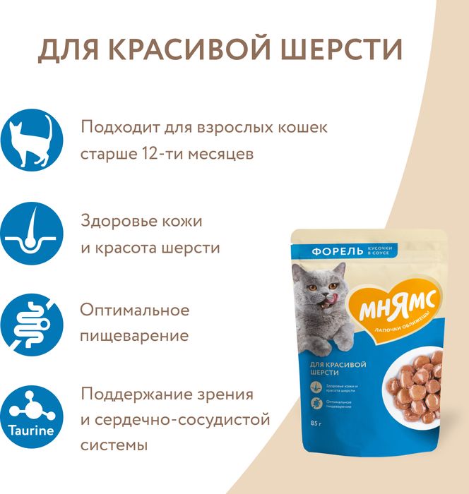 Мнямс влажный корм для кошек, для красивой шерсти, кусочки в соусе с форелью