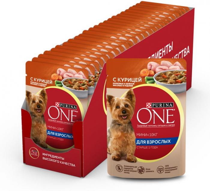 Влажный корм Purina ONE® Мини Взрослая для собак мелких пород старше 1 года, с курицей, морковью и зеленой фасолью в подливе