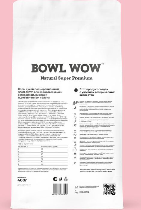 Bowl Wow корм для кошек, с индейкой, курицей и добавлением яблока