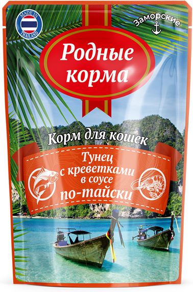 Родные Корма влажный корм для кошек, тунец с креветками в соусе по-тайски