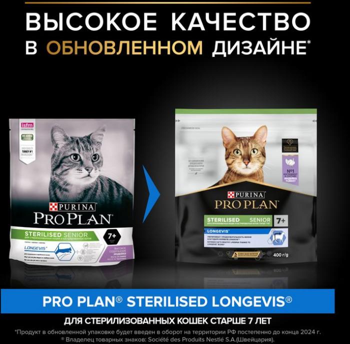 Сухой корм Pro Plan® Sterilised Longevis® для стерилизованных кошек старше 7 лет, с высоким содержанием индейки