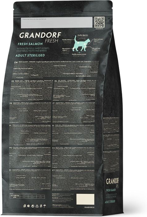 Grandorf Fresh корм для стерилизованных кошек, беззерновой, с живыми пробиотиками, свежее филе лосося с бататом