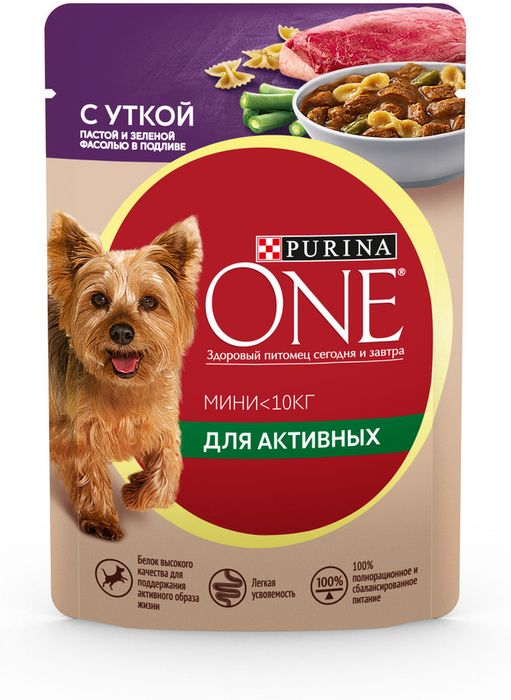 Влажный корм Purina ONE® Мини Активная для взрослых собак мелких пород с активным образом жизни, с уткой, пастой и зеленой фасолью в подливе