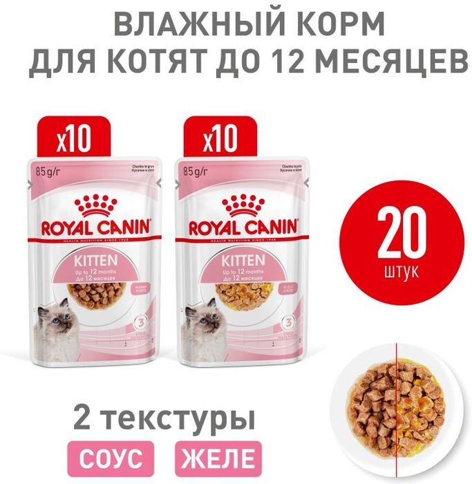 Royal Canin Kitten влажный корм для котят, соус и желе, мультипак (10+10)