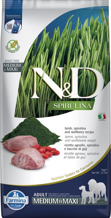 Farmina N&D Spirulina корм для собак средних и крупных пород, с ягненком, спирулиной и ягодами годжи