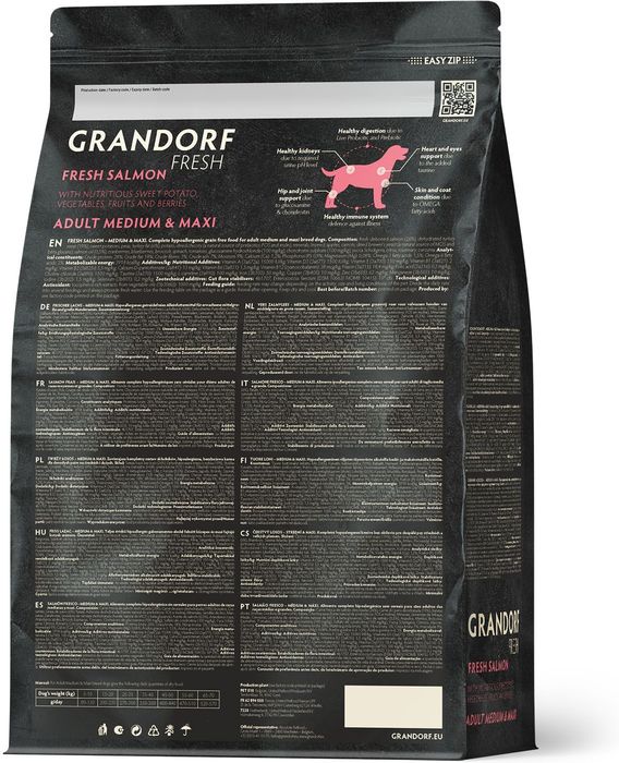 Grandorf Fresh корм для собак средних и крупных пород, беззерновой, с живыми пробиотиками, свежее филе лосося с бататом