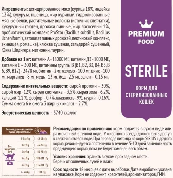 Sirius корм для взрослых стерилизованных кошек всех пород, курица и индейка