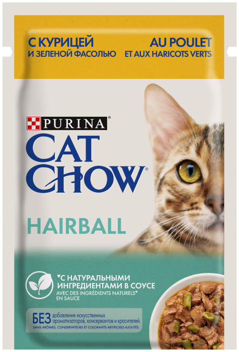 Cat Chow влажный корм для взрослых кошек, вывод комочков шерсти, курица и зеленая фасоль в соусе