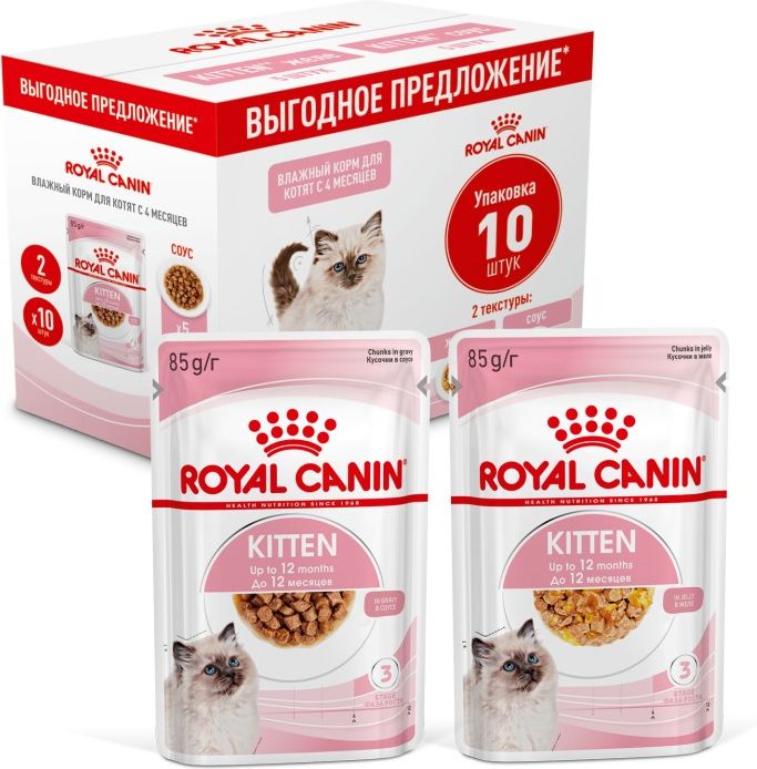 Royal Canin Kitten влажный корм для котят, соус и желе, мультипак (5+5)