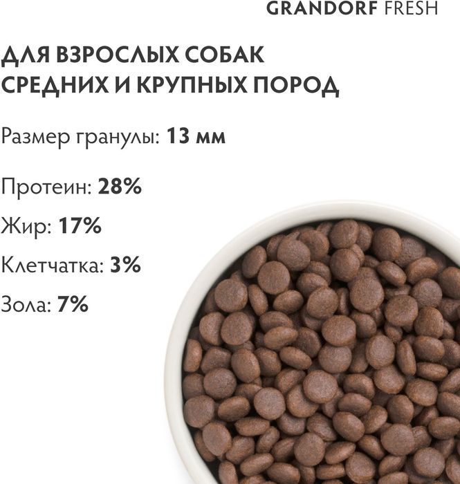 Grandorf Fresh корм для собак средних и крупных пород, беззерновой, с живыми пробиотиками, свежее мясо утки с бататом