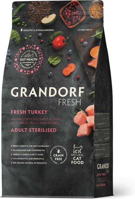 Grandorf Fresh корм для стерилизованных кошек, беззерновой, с живыми пробиотиками, свежее мясо индейки с бататом
