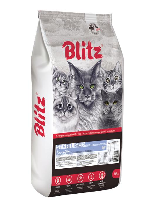 Blitz Adult Cat Sterilised Sensitive корм для стерилизованных кошек и кастрированных котов