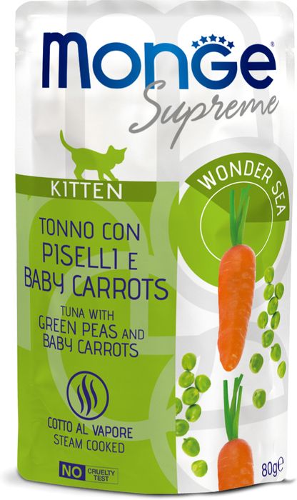 Monge Supreme Kitten влажный корм для котят, мясные кусочки с тунцом, с зелёным горошком и мини-морковью