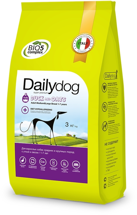 Dailydog сухой корм для взрослых активных собак средних и крупных пород, утка и овес